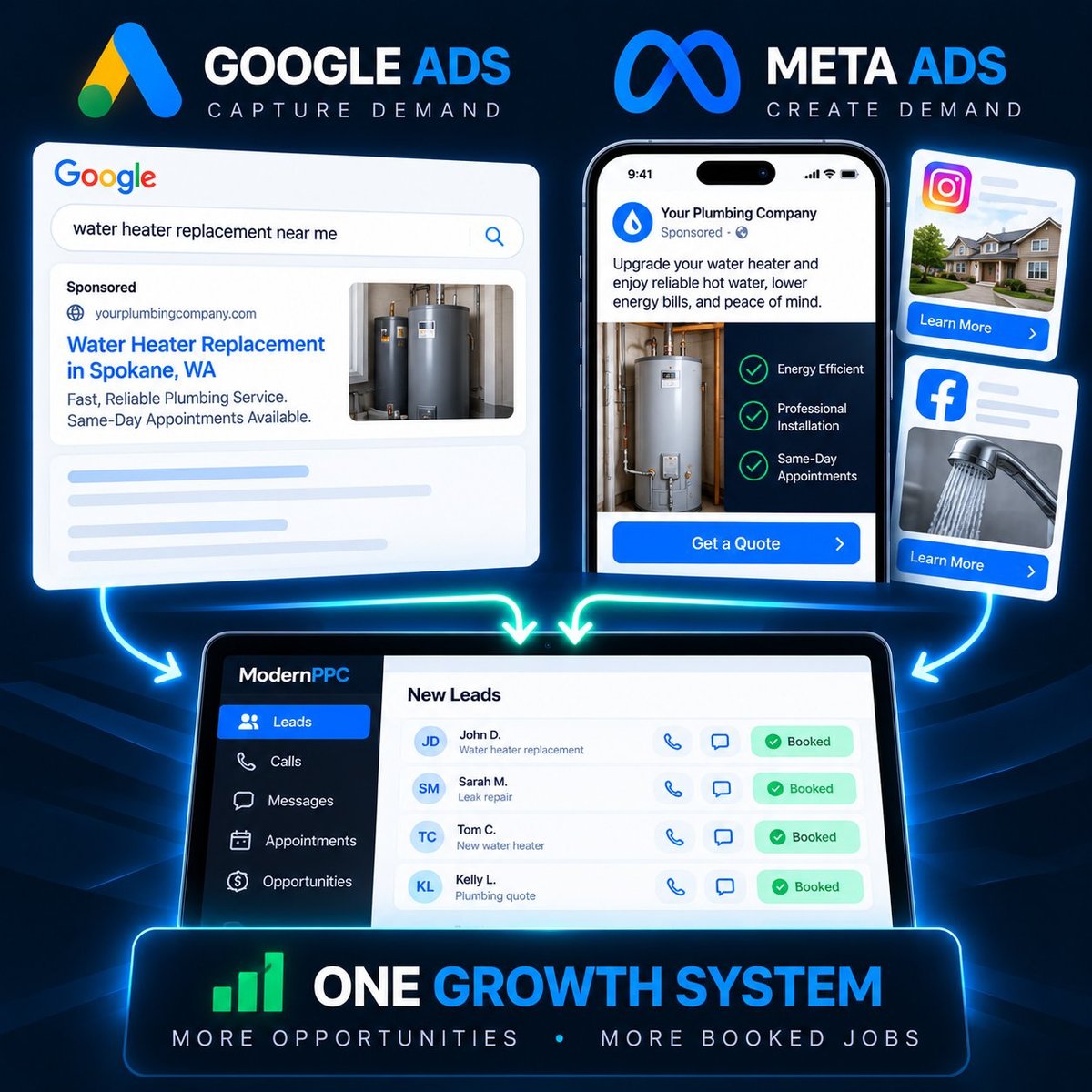 Google Ads + Meta Ads for Plumbers — One Growth System Google Ads and Meta Ads for plumbers working together to generate leads and booked plumbing jobs