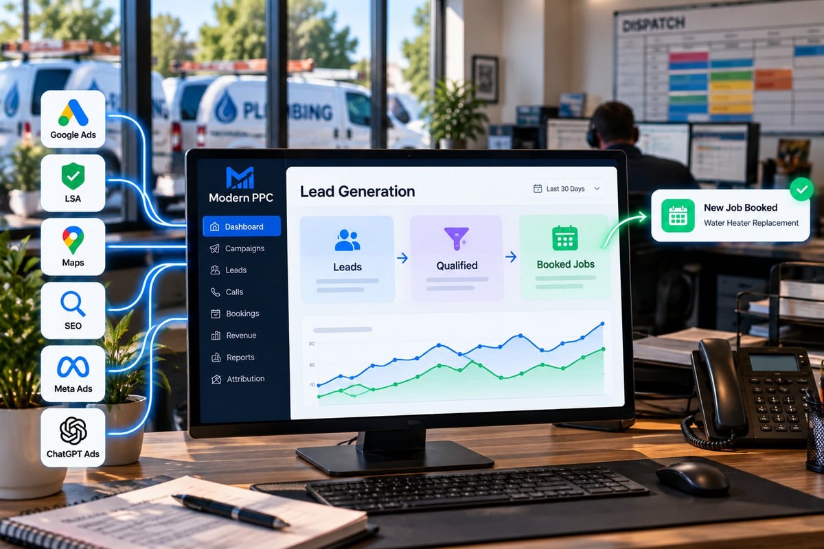Plumbing dispatch workspace with marketing-channel workflows and performance charts