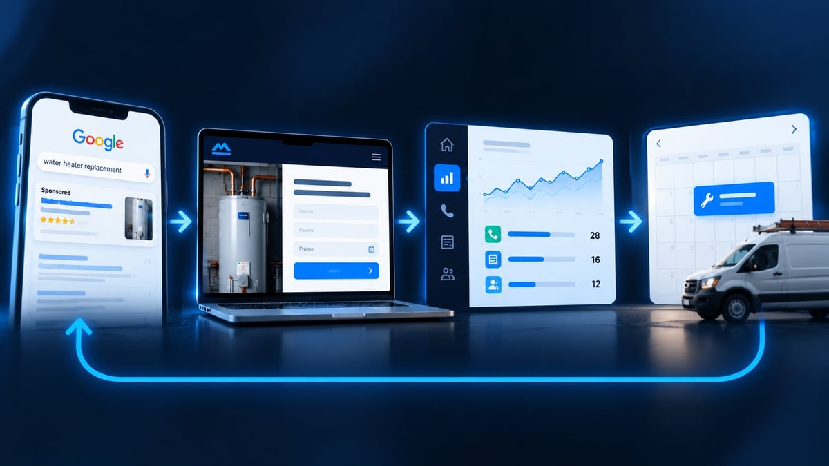 Plumbing Lead Generation System – Modern PPC Visual showing how Google Ads for plumbers generate water heater replacement leads through landing pages, call tracking, and booked jobs.