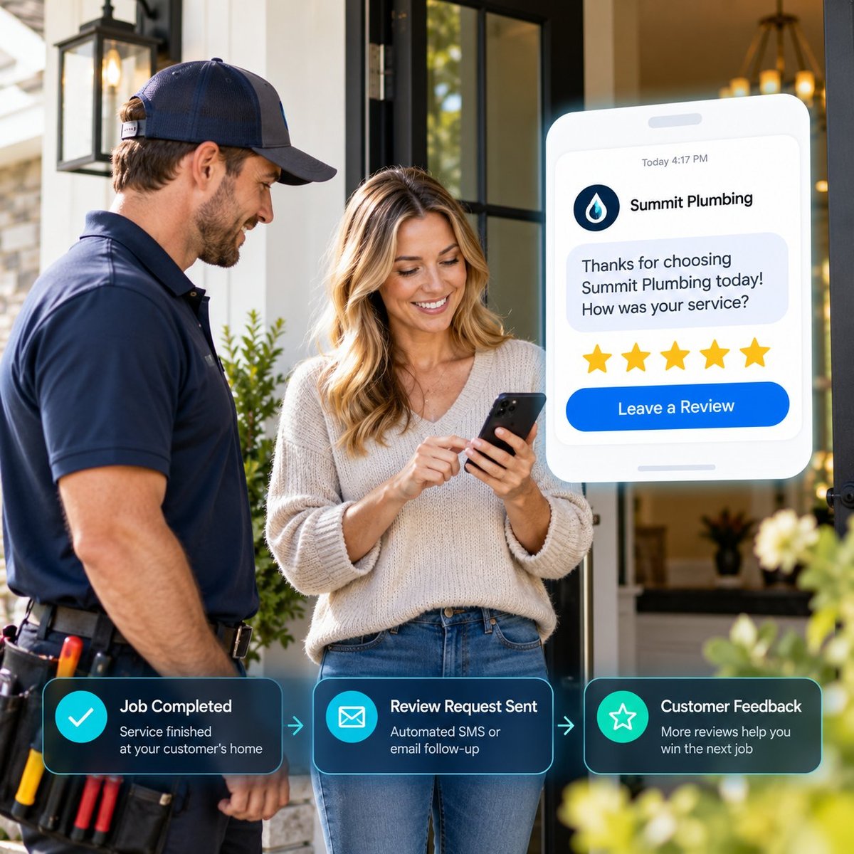 Automated Review Management for Plumbers Plumbing customer receiving an automated review request after a completed service call