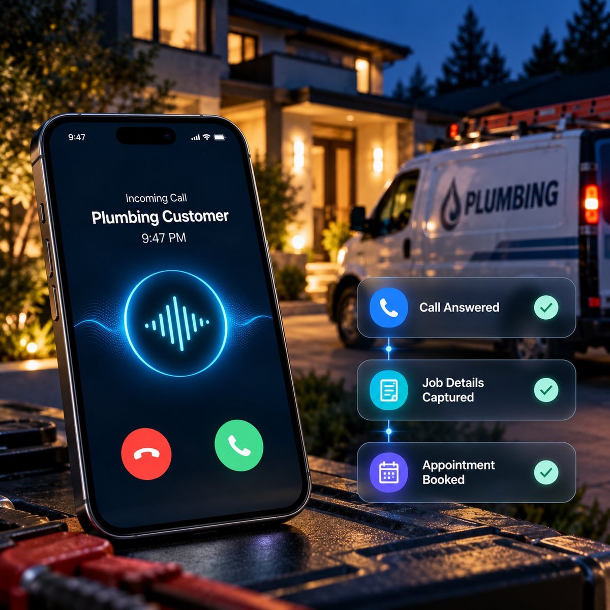 AI Receptionist & Call Handling for Plumbers AI receptionist answering an after-hours plumbing call and booking an appointment