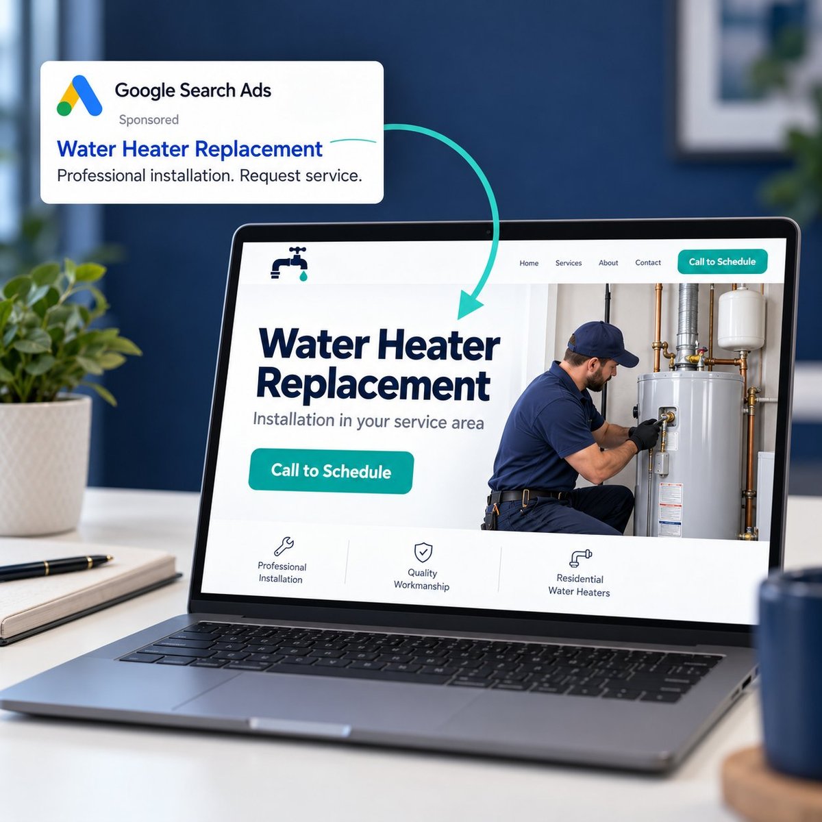 Google Search Ads for Water Heater Replacement Google Search Ad for water heater replacement connecting to a matching plumbing landing page with a call-to-schedule button.