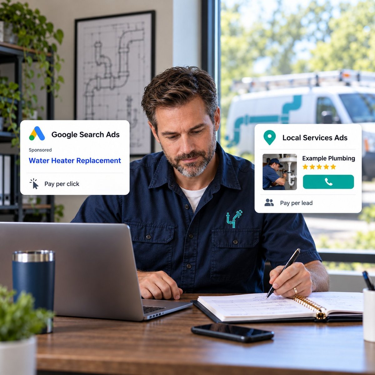 Google Ads vs. Local Services Ads for Plumbers Plumbing business owner reviewing an appointment calendar beside Google Search Ads and Local Services Ads examples.