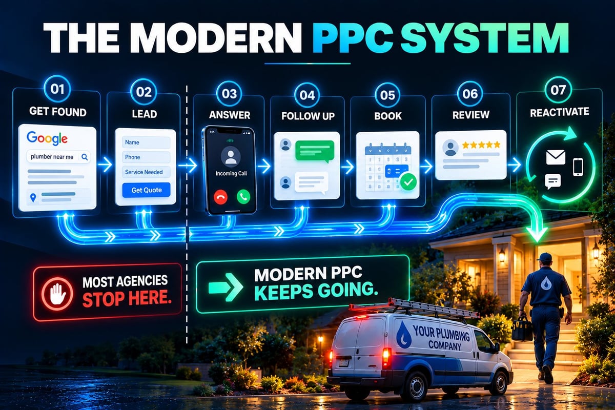 The Modern PPC Plumbing Marketing System ModernPPC plumbing marketing system from getting found and generating a lead through answering, follow-up, booking, reviews, and reactivation