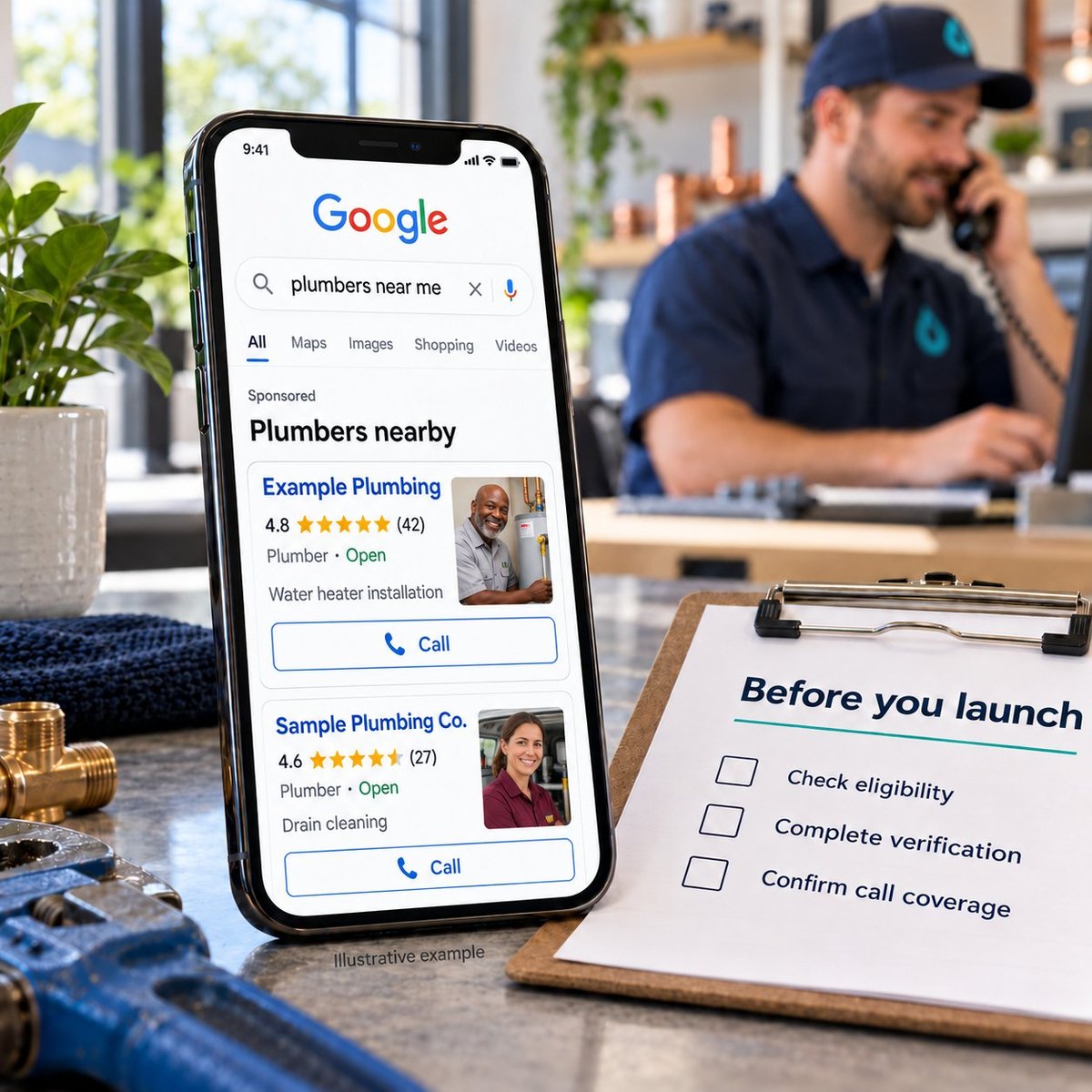 Local Services Ads for Plumbers Illustrative Google Local Services Ads listings for plumbers beside a launch checklist, with a plumber answering a phone in the background.
