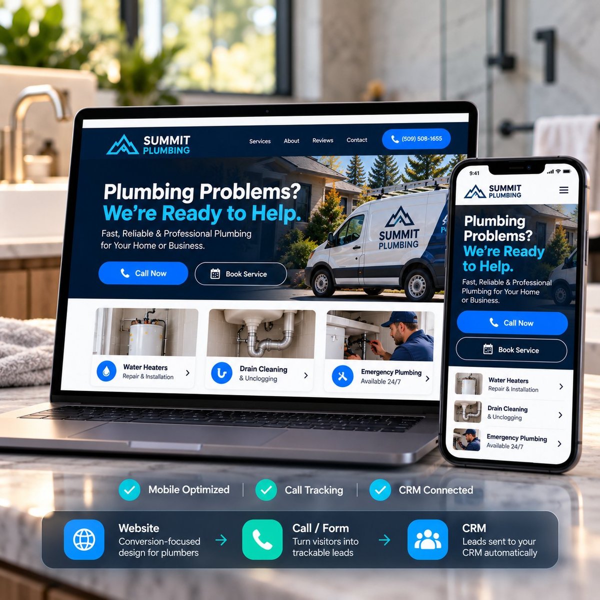 Responsive plumbing website designed to generate calls and connect leads to a CRM