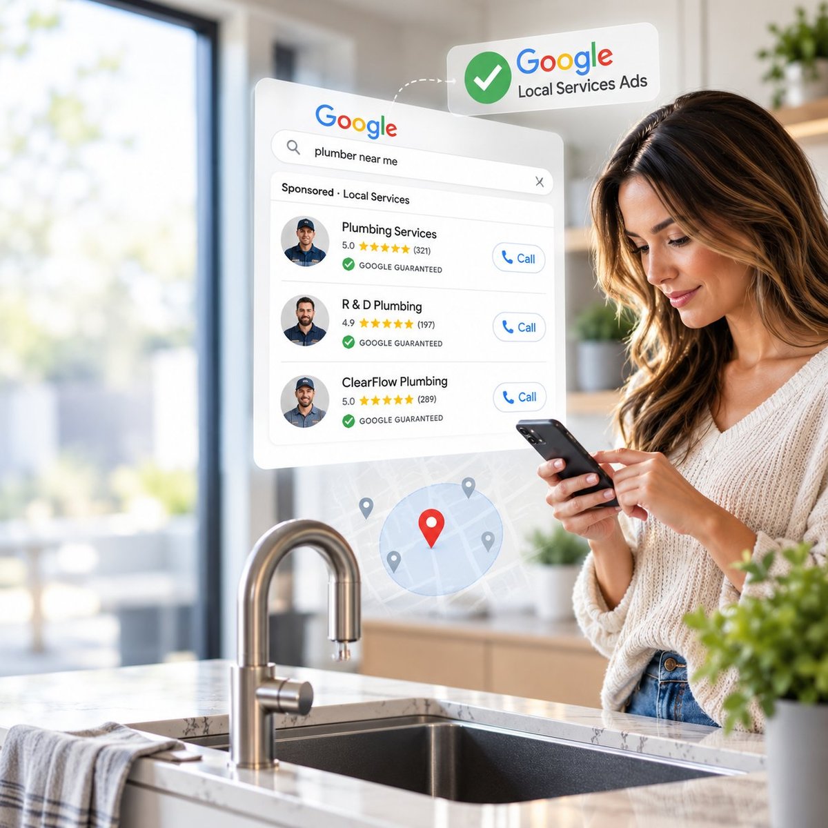 Homeowner searching Google Local Services Ads for a local plumber