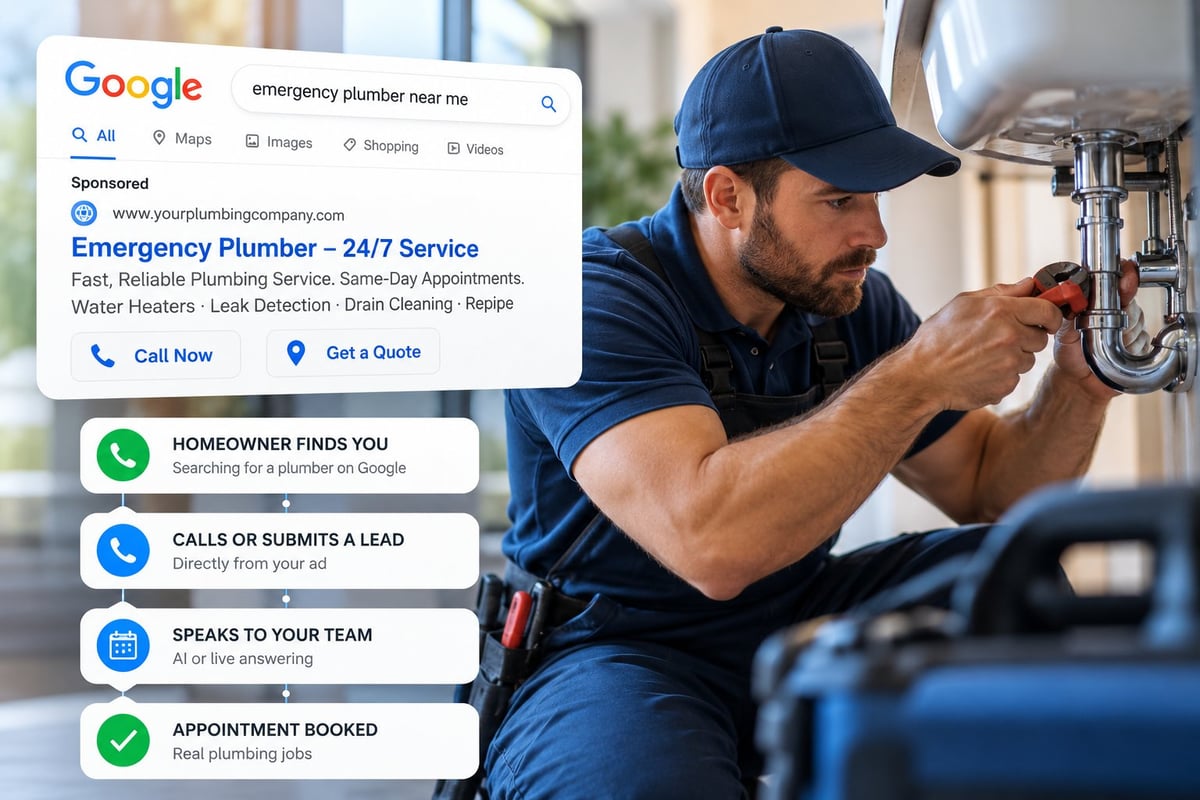 Google Ads for plumbers showing an emergency plumbing search ad and the path from homeowner search to booked job