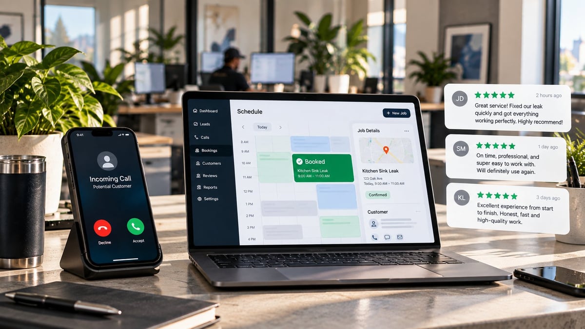 From Plumbing Lead to Booked Job Plumbing lead tracking system showing an incoming customer call on a phone, a booked service appointment on a laptop, and five-star customer reviews