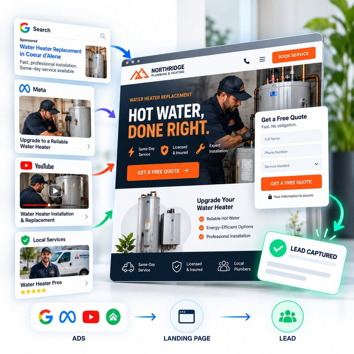 Plumbing campaign landing page receiving traffic from Google, Meta, YouTube, and Local Services Ads