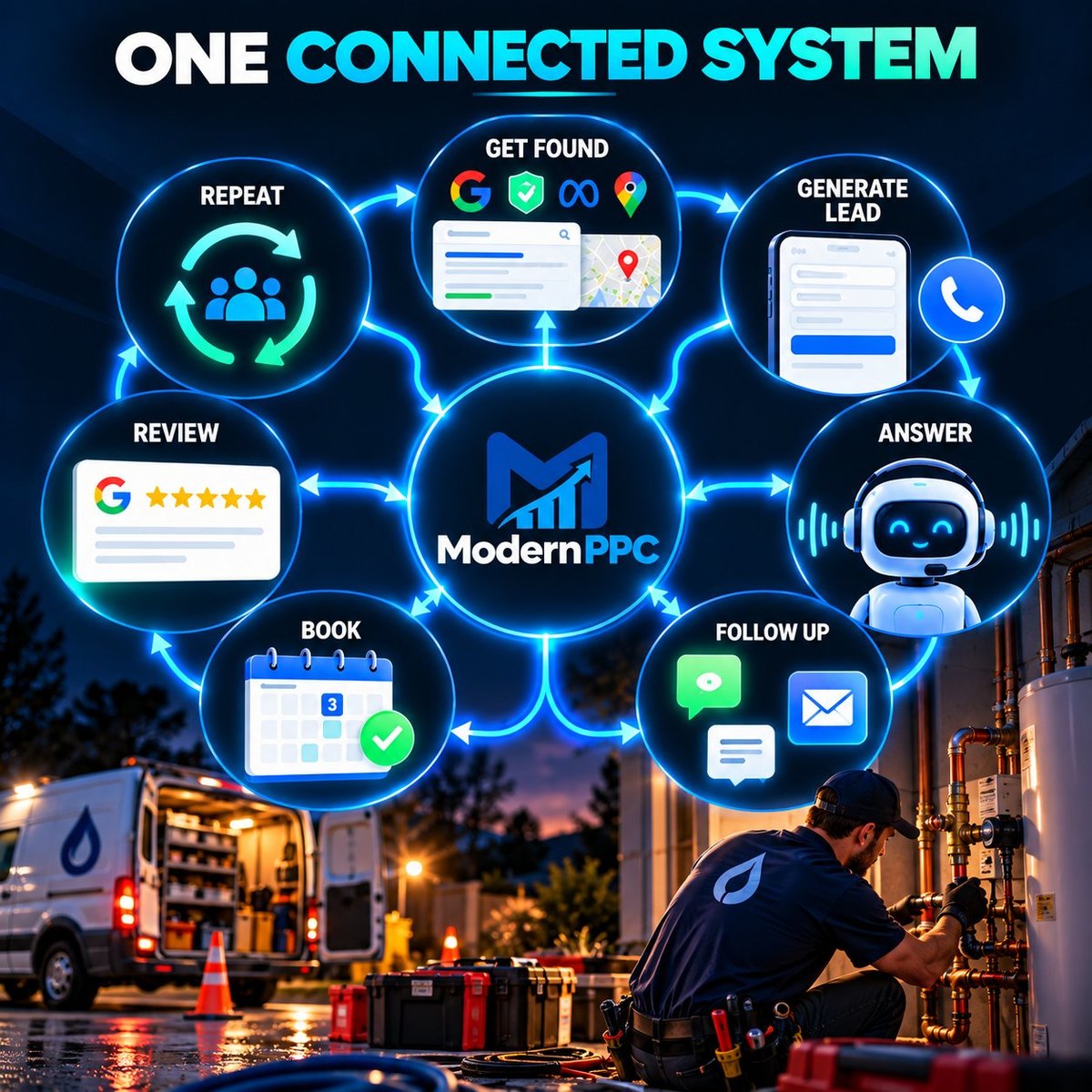 ModernPPC Connected Plumbing Growth System ModernPPC connected plumbing growth system linking lead generation, AI answering, follow-up, booking, reviews, and repeat business