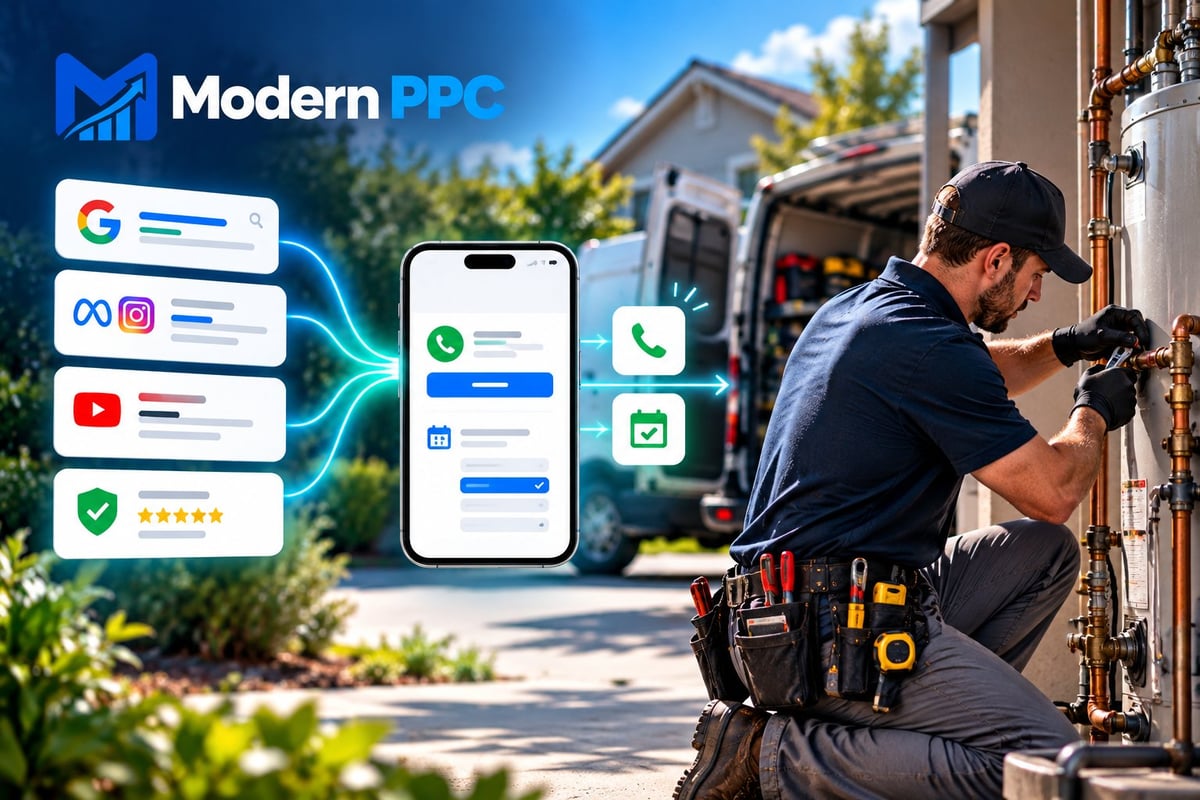 Modern PPC plumbing marketing system connecting digital advertising channels to plumbing leads, calls, and booked jobs