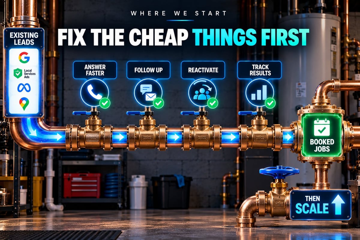 Fix Plumbing Lead Leaks Before Scaling Ad Spend Plumbing marketing system showing existing leads improved through faster answering, follow-up, reactivation, and attribution before increasing ad spend