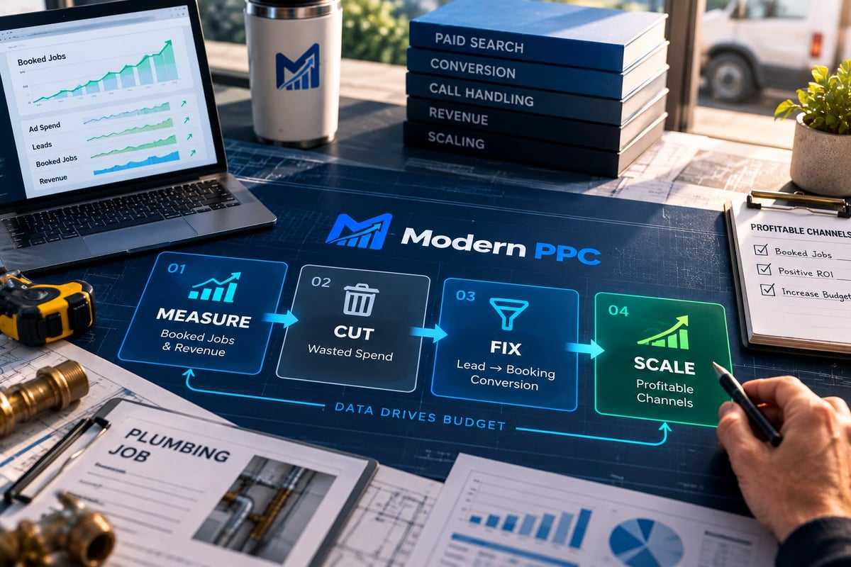 Modern PPC plumbing marketing methodology showing measure, cut waste, fix conversion, and scale profitable channels