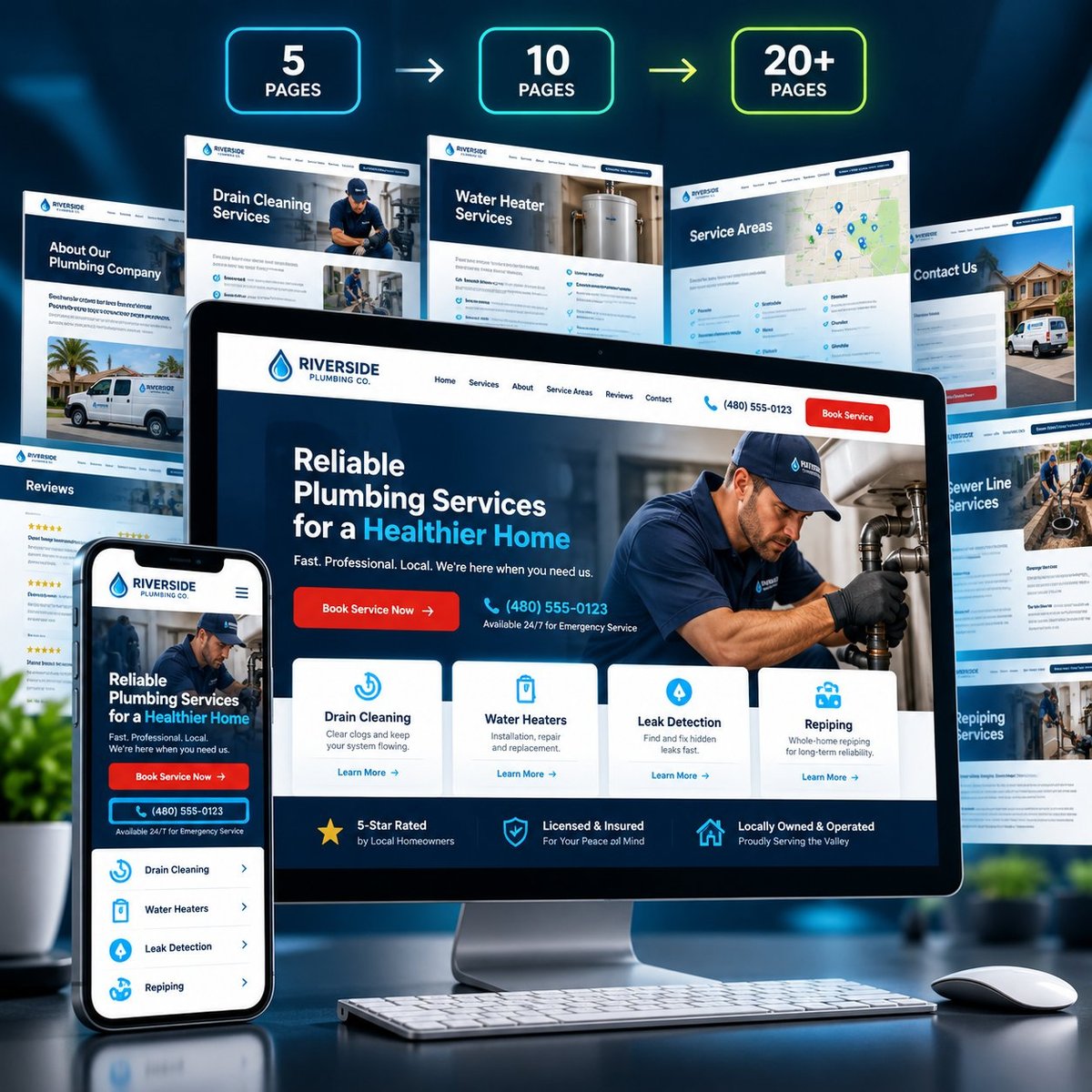 Plumbing Website Design for Growing Plumbing Companies Responsive plumbing website design shown on desktop and mobile with service, location, review, and booking pages