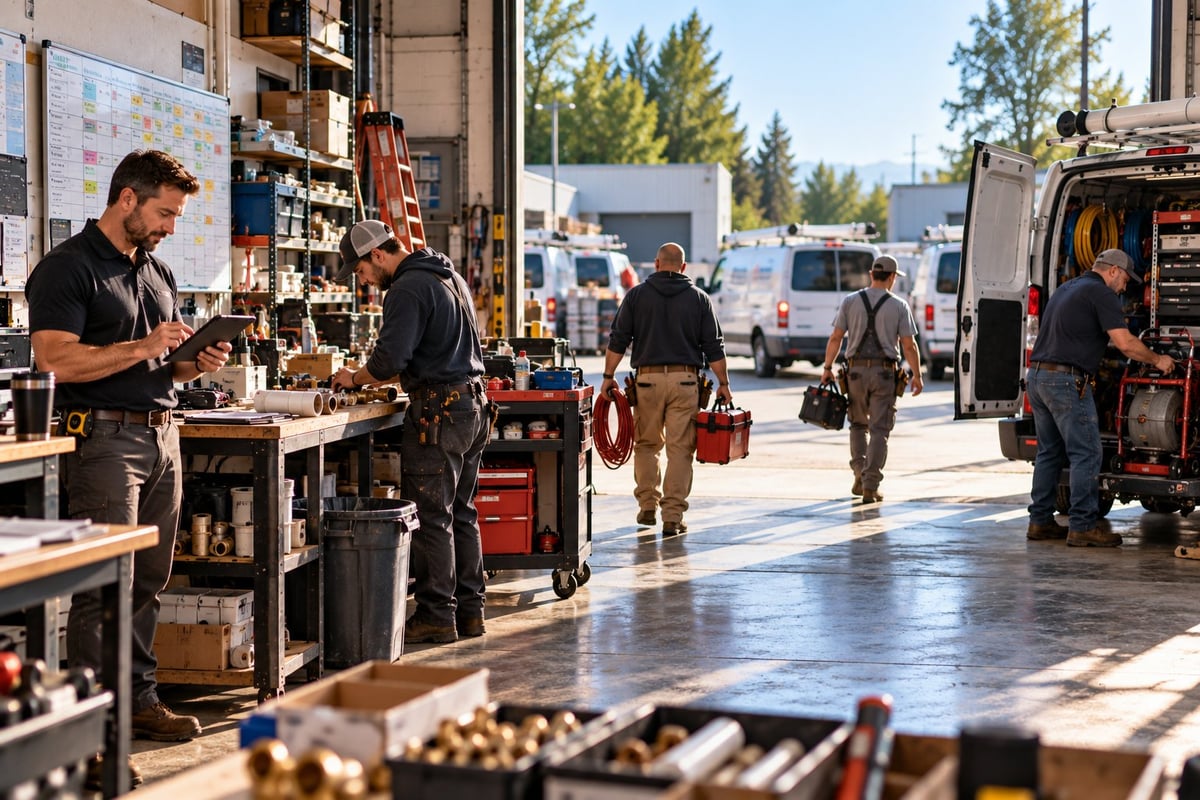 Built for Growing Plumbing Companies Workers in a busy workshop with tools, workbenches, and vehicles in the background during the day