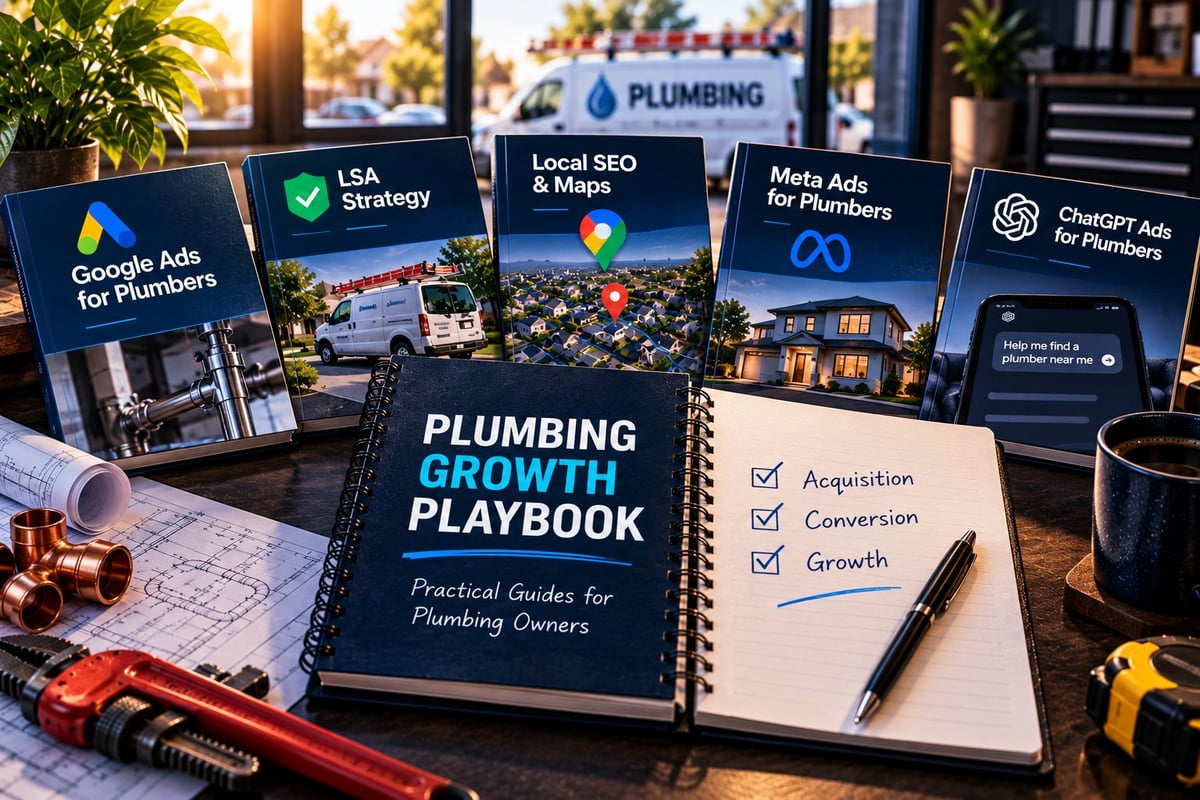 Plumbing Marketing Resources & Growth Guides Plumbing business marketing guides and resources displayed on desk with tools and workspace, including Google Ads, SEO, and ChatGPT guides