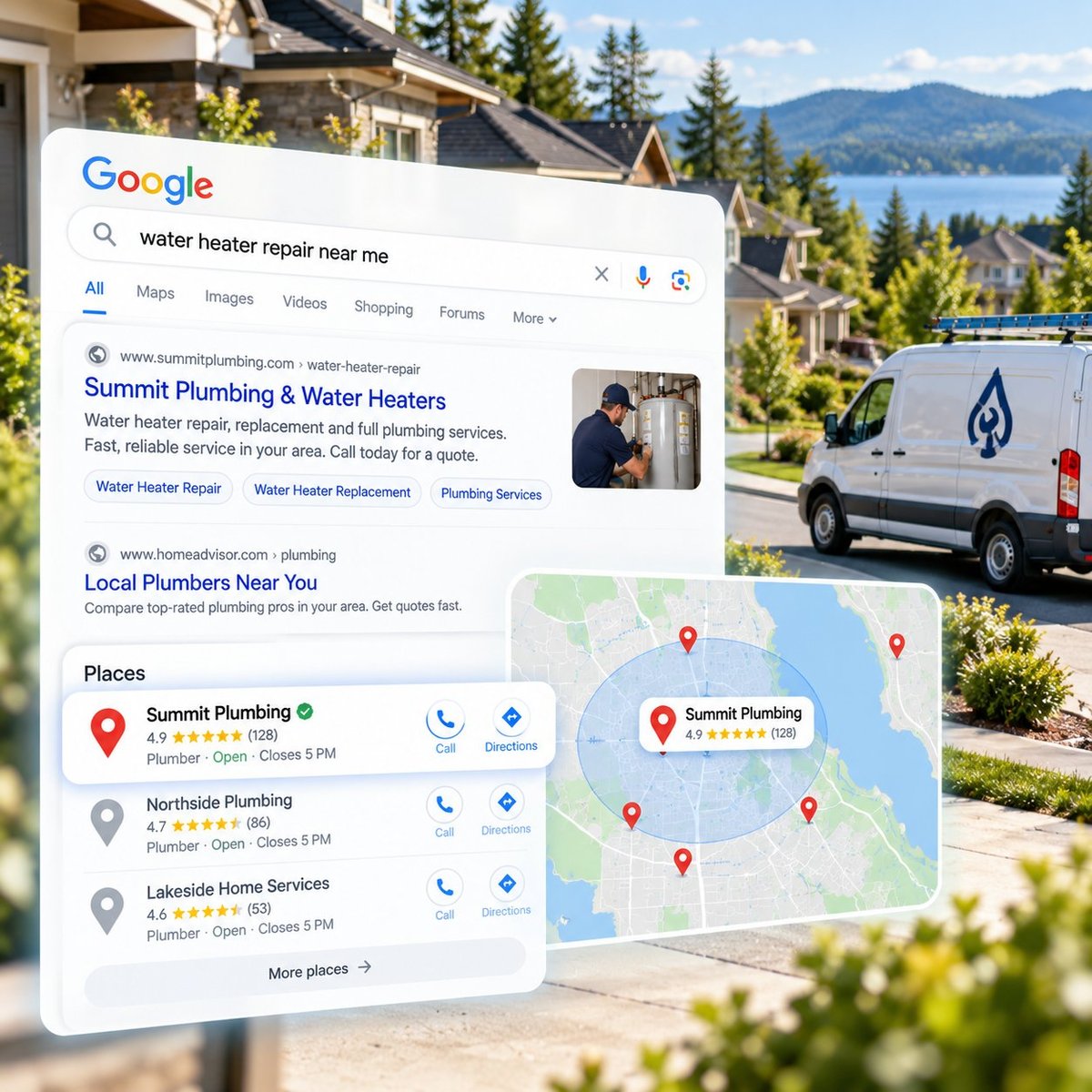 Plumbing company appearing in Google search and Google Maps for local water heater repair searches