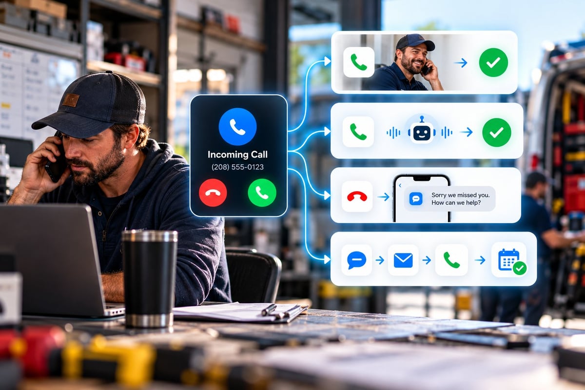 Plumbing Lead Follow-Up and Call Handling System Plumbing lead follow-up system showing team answering, AI call handling, missed-call text back, and automated follow-up