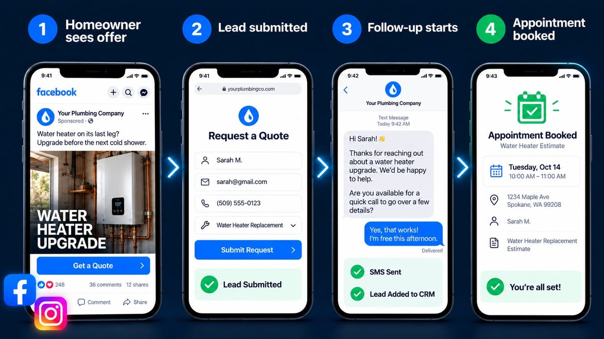 Meta Ads for plumbers showing the journey from homeowner offer to lead submission, follow-up, and booked appointment