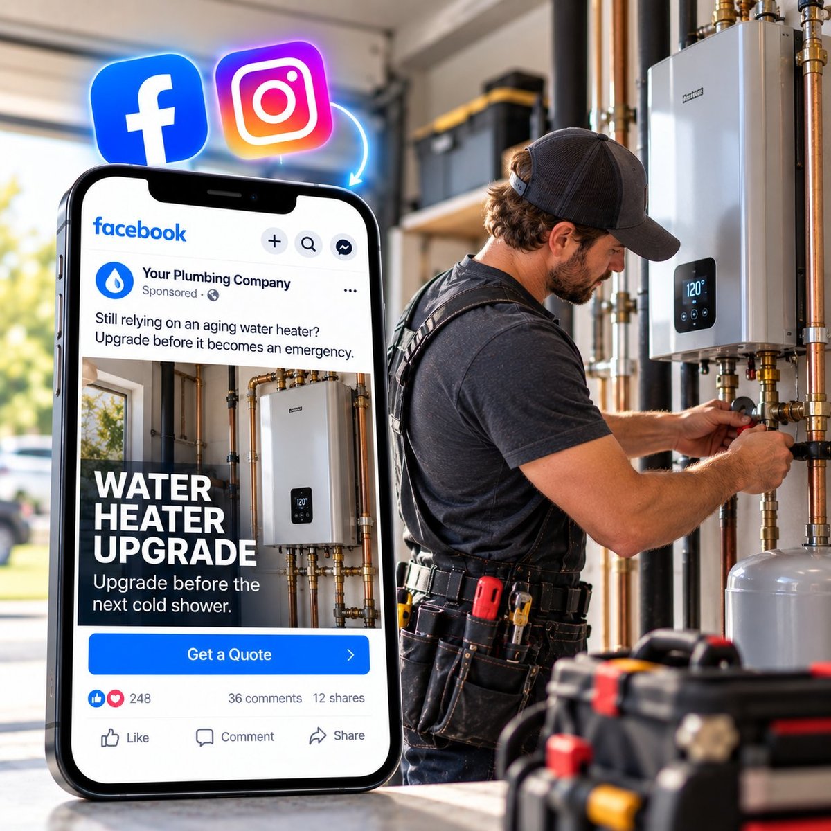Meta Ads for plumbers promoting a water heater upgrade to homeowners before they search for plumbing services
