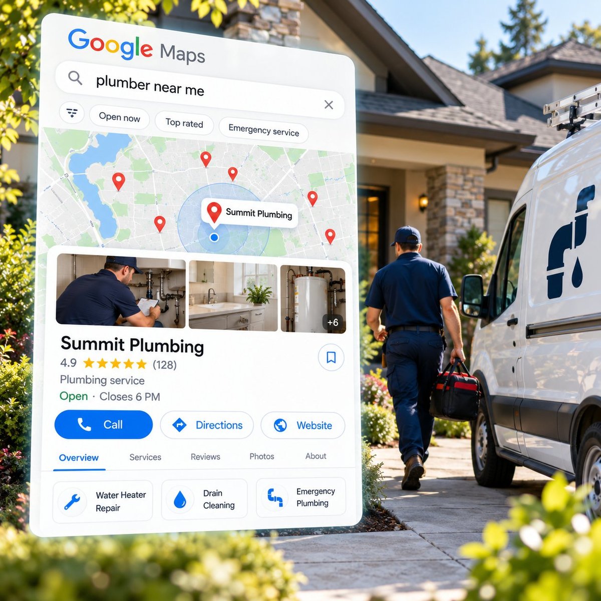 Google Maps search results for plumber near me showing Summit Plumbing business listing with map, photos, ratings, and contact options