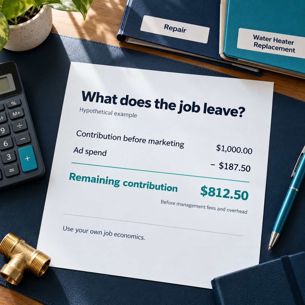 Plumbing Job Profit vs. Customer Acquisition Cost Hypothetical plumbing job worksheet showing $1,000 in contribution minus $187.50 in ad spend, leaving $812.50 before management fees and overhead.