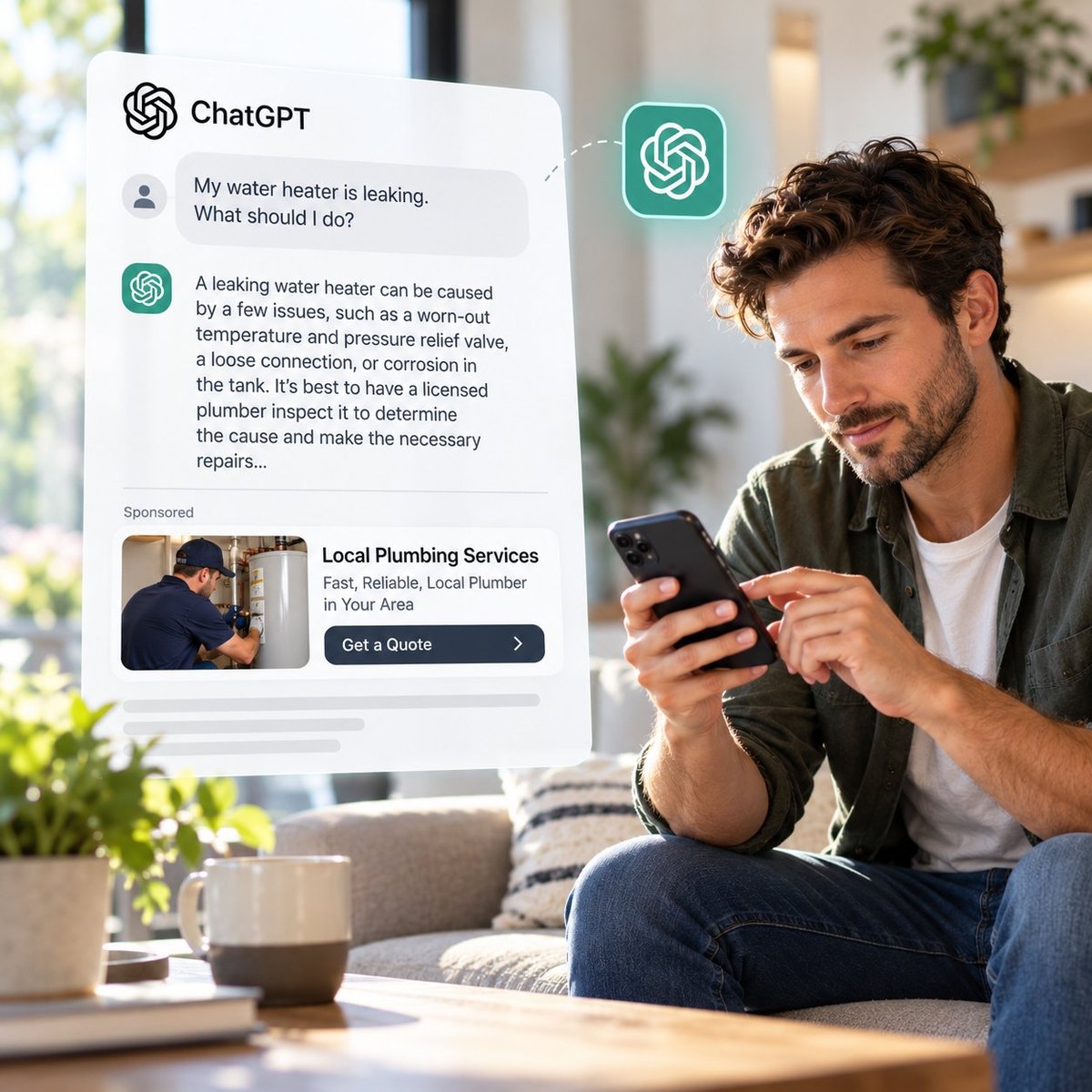 ChatGPT Ads for Plumbers Homeowner using ChatGPT to find help for a plumbing problem with a sponsored local plumber ad