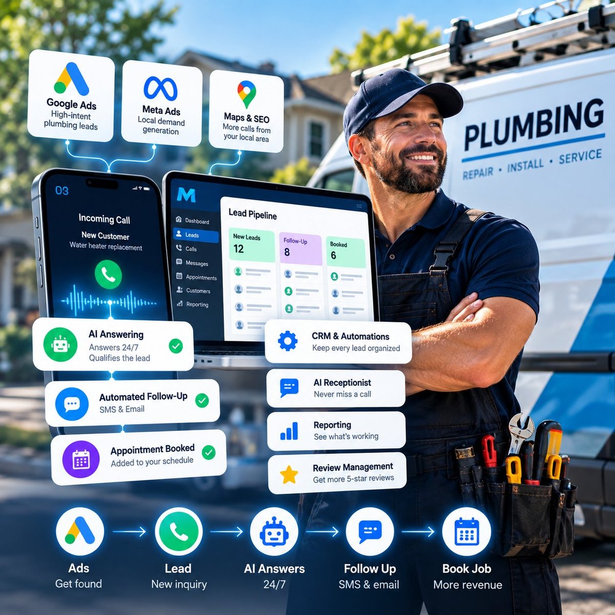 Modern PPC plumbing growth system showing Google Ads, AI call answering, automated follow-up, and booked plumbing jobs
