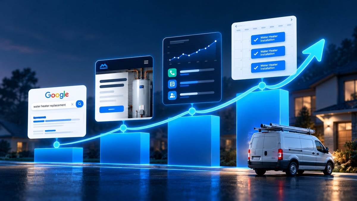 Plumbing Company Growth With Google Ads – Modern PPC Illustration of a plumbing company's growth with an upward-trending chart, Google Ads, lead tracking, booked water heater installations, and a plumbing service van.