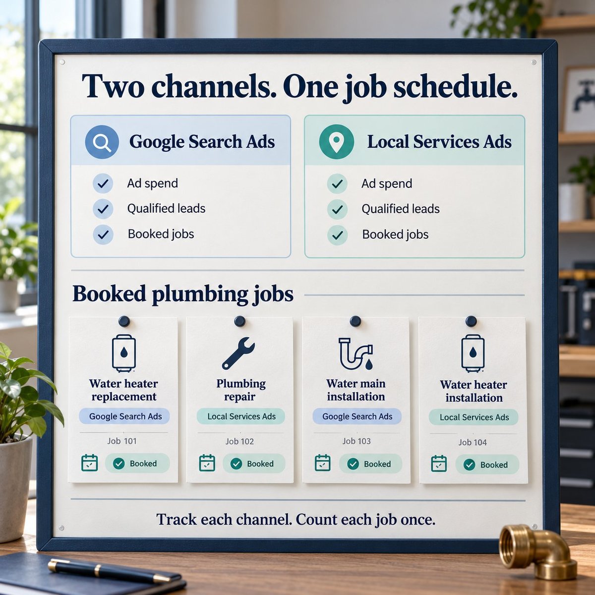 Using Google Search Ads and Local Services Ads Together Plumbing job board tracking Google Search Ads and Local Services Ads separately, with a source label on each booked job.